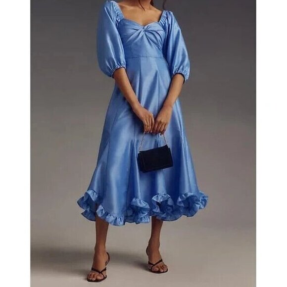 Hutch Dresses & Skirts - Hutch Printed Twist-front Puff-sleeve Ruffle-hem Midi Dress Blue S